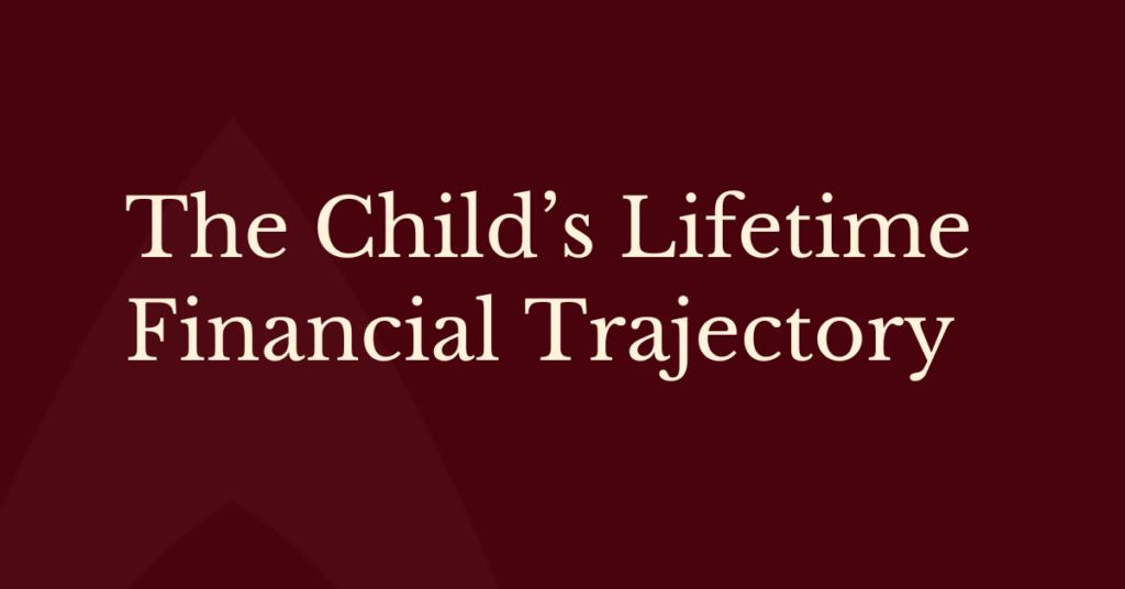 Maroon and cream graphic labeled “The Child's Lifetime Financial Trajectory," representing a guide for parents navigating special needs divorce.