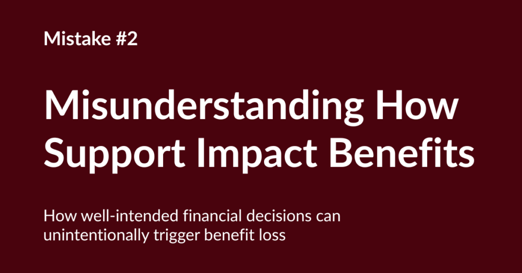 Presentation slide titled “Mistake #2: Misunderstanding How Support Impacts Benefits” on a dark red background, explaining how well‑intended financial decisions in a special‑needs divorce can trigger benefit loss.